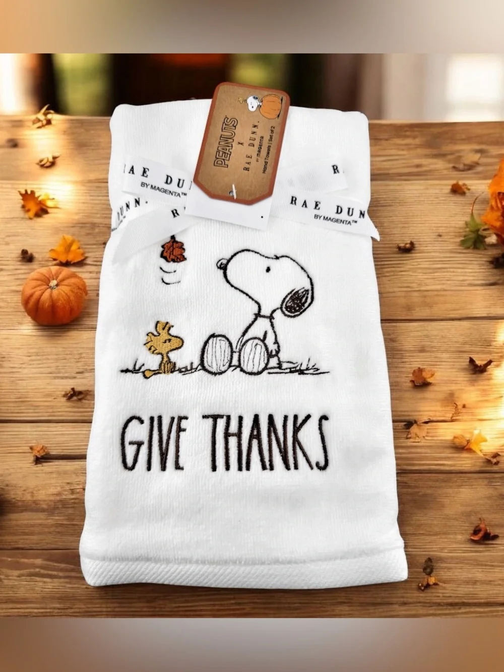 Rae Dunn x Peanuts Snoopy Woodstock Give Thanks Fall Holiday Hand Towel Set of 2